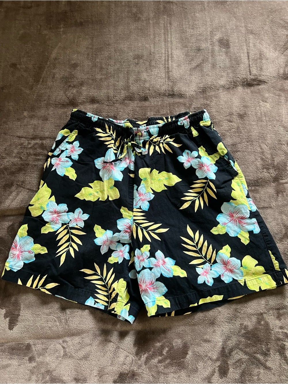 Women’s Black Floral tropical Shorts with Yellow & Blue Print